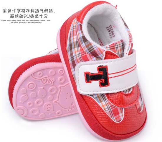 天使之嬰格子布透透氣PU嬰兒學(xué)步鞋紅色