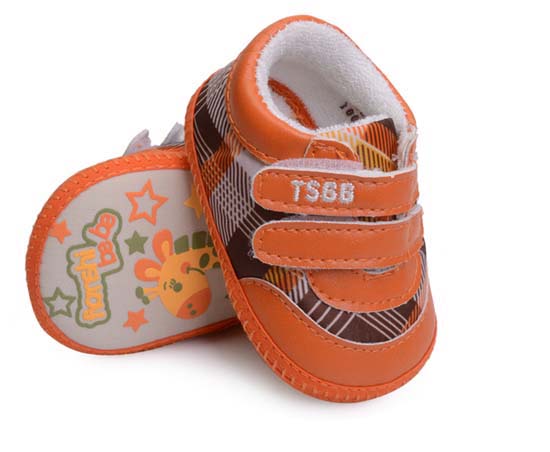 天使之嬰提花布+PU幼兒學(xué)步鞋橙色