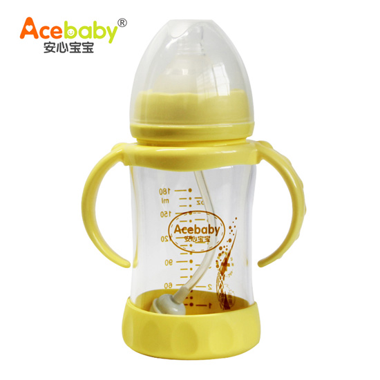 安心寶寶180ml防摔雙耳自動高硼硅玻璃奶瓶黃色