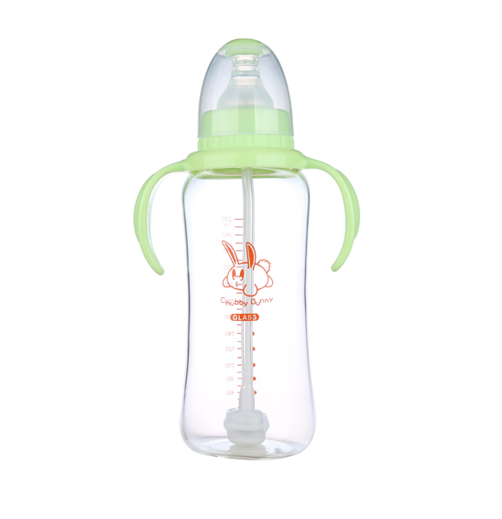 丘比兔玻璃標(biāo)準(zhǔn)口徑葫蘆型自動把手奶瓶280ML綠色