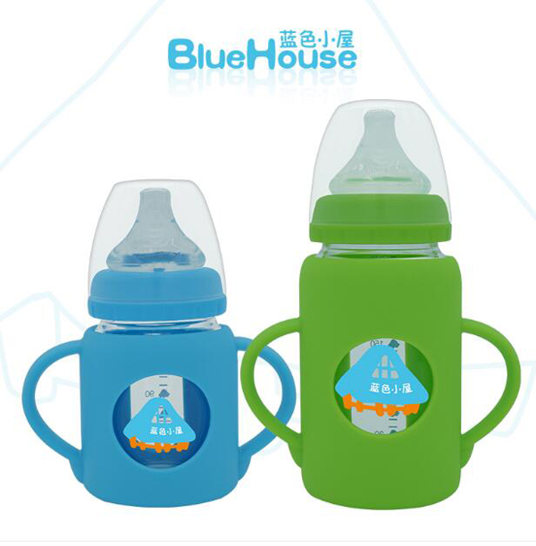 藍(lán)色小屋寬口玻璃防摔奶瓶